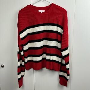 Wynter Womens Sweater Red White Black Striped Crew Neck Long Sleeve Large NWOT